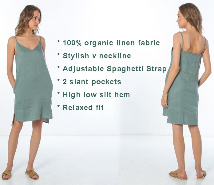 Amazhyu 100% Linen V Neck Spaghetti Strap Sleeveless Summer Causal Dresses with Slit for Women