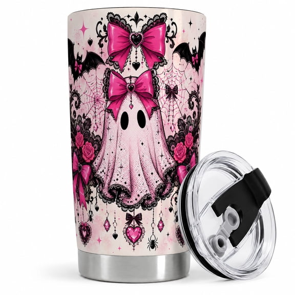 Gothic Pink Ghost Tumbler, 20oz Insulated Drinkware for Halloween Fans Stainless steel insulated tumbler with lid, gothic pink ghost and lace bow art for water, iced coffee, tea, or desk