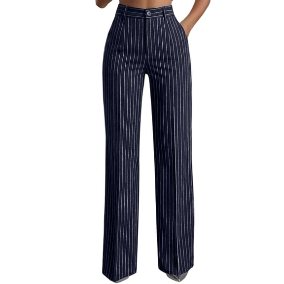 Qingpeng Womens Dress Pants Striped Business Casual High Waisted Stretchy Slacks Pull On Straight Leg Work Office Trousers