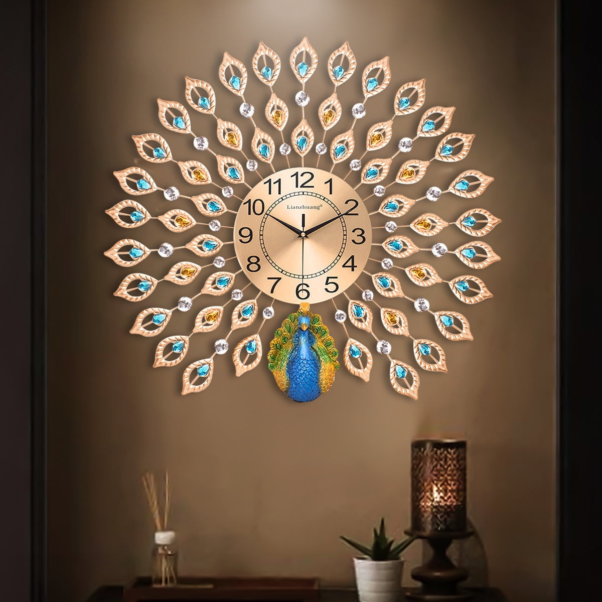 21 Inch Large Oversize 3d Metal Art Luxury Diamonds Peacock Wall Clock Watch 40pcs Home Living Room Bedroom Decorative Clock