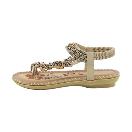 

Ichuanyi Sandals for Women Clearance Bohemian Flat Flower Rhinestone Sandals Outer Beach Sandals