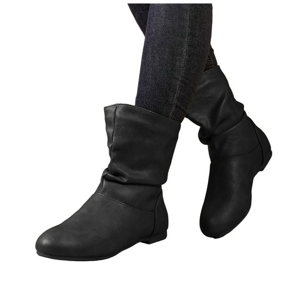 Rokment Slouchy Wide Mid Calf Boots for Women with Low Heels Vintage Fashion Casual Leather Round Toe Slip on Short Dress Booties Black Size 6