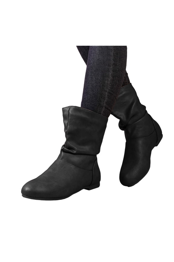 Slouchy Wide Mid Calf Boots for Women with Low Heels Vintage Fashion Casual Leather Round Toe Slip on Short Dress Booties Black Size 7.5