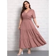 thumbnail image 3 of Plus Size Pink V-Neck Short Sleeve Ruched Hem Maxi Dress With Lace Insert Casual Boho Sundress, 3 of 5