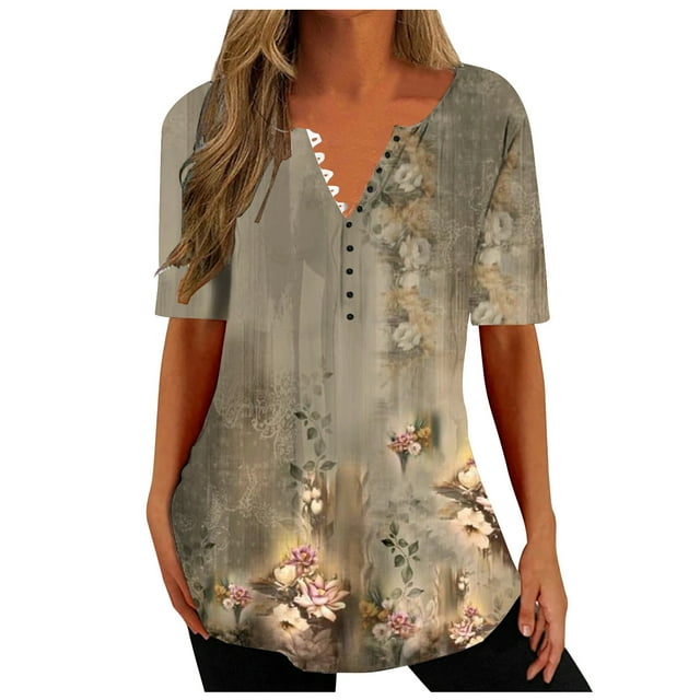 Birdeem Mode Femme Col en V Imprimé Décontracté Manches Courtes Ample Haut/chemise
