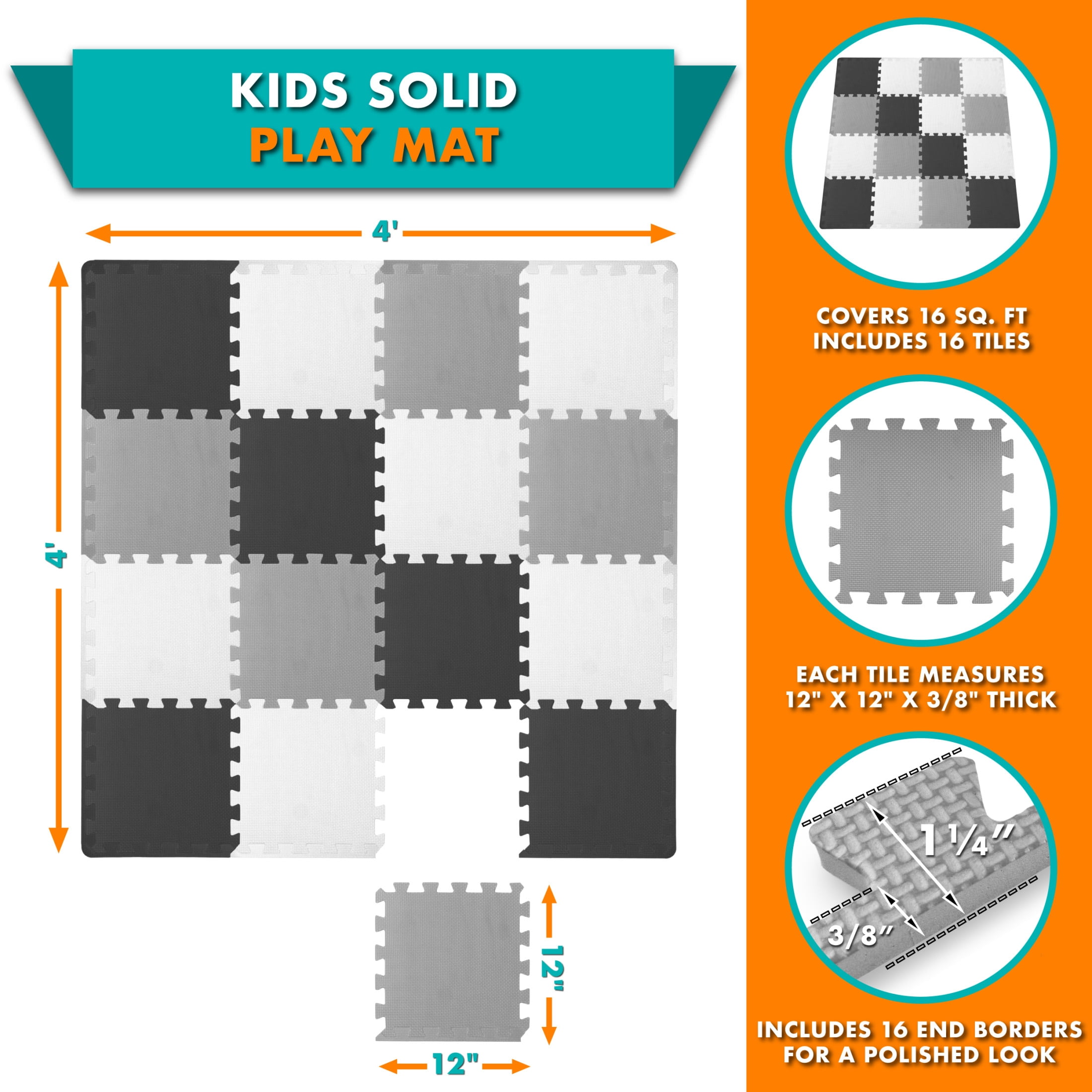 ProSource Kids Solid Colors Foam Puzzle Floor Play Mat, 36 or 16 tiles