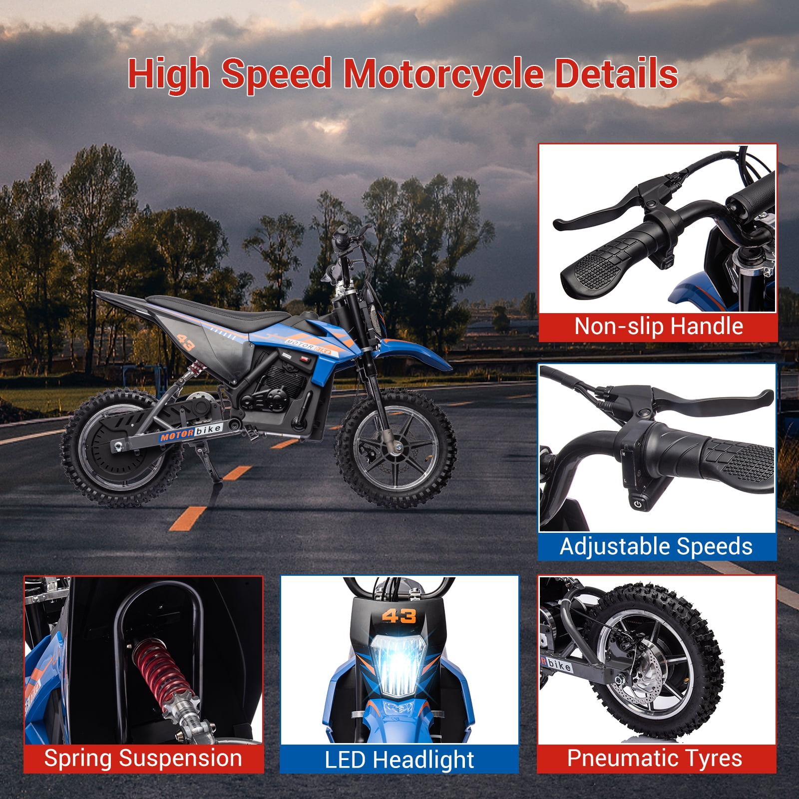 Towallmark 36V Electric Dirt Bike for Teens, 350W Brushless or 500W Brushed Motor, Up to 15.5MPH & 175LB Capacity, Off-Road Motorcycle with Front/Rear Brakes, Blue