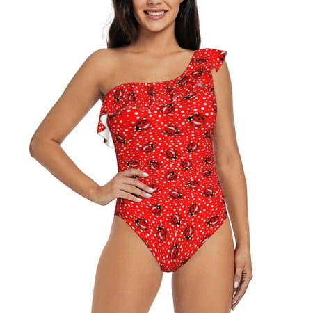 Cauagu Red Ladybugs On White Dotted Print Women s Sexy One Piece Swimsuits One Shoulder Ruffle Tummy Control Bathing Suit Slimming Swimwear-Medium