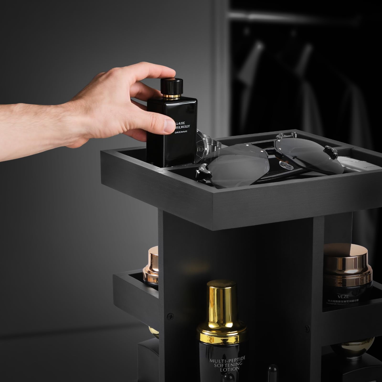 Cologne Organizer for Men, 3 Tier Rotating Perfume Organizer with Wood Display Shelf and Non Slip Base