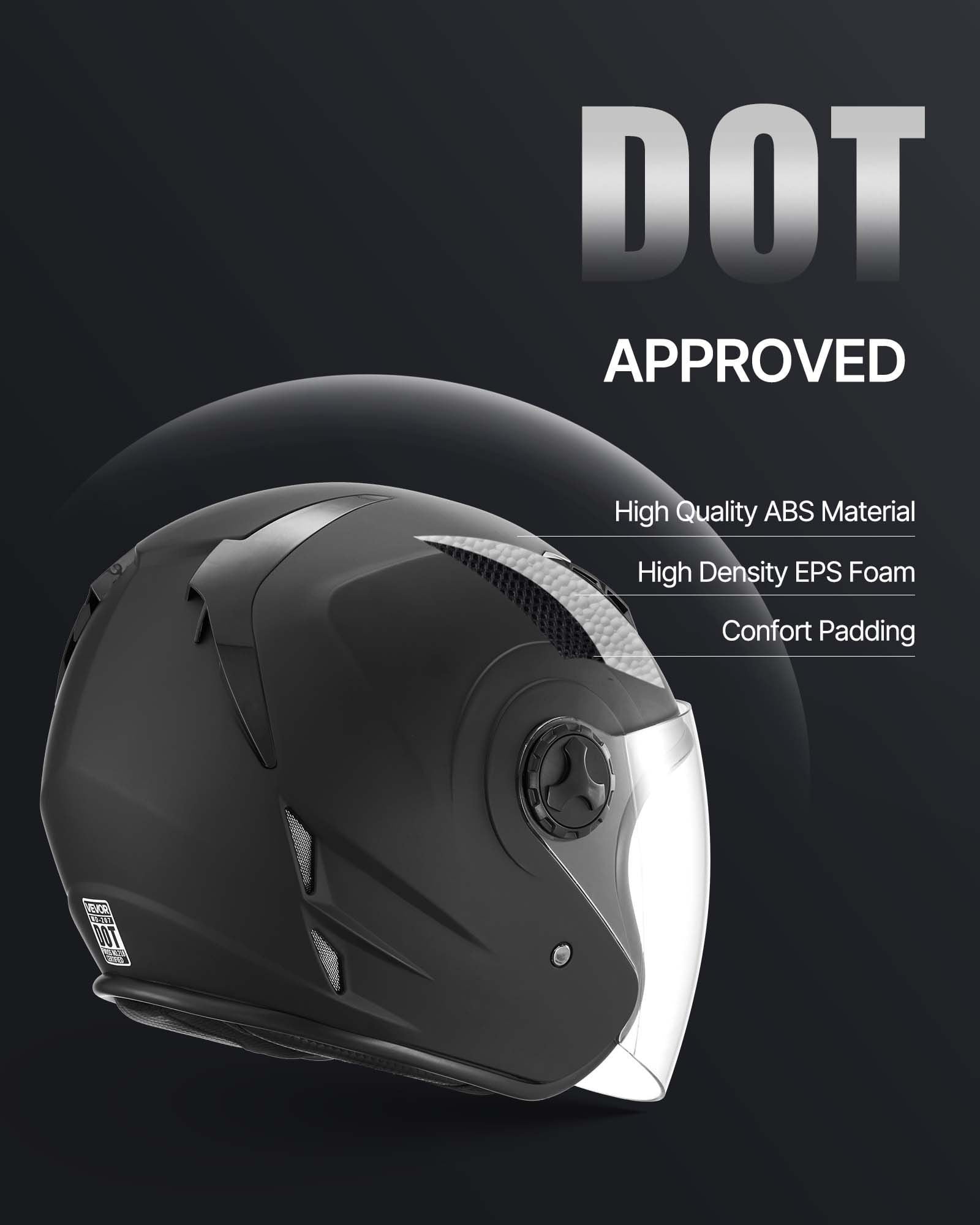 Motorcycle Helmet 3/4 Open Face Adult Motocross Dirt Bike Helmet with Clear Visor Detachable Liner for Men Women DOT Approved Matte Black Size M