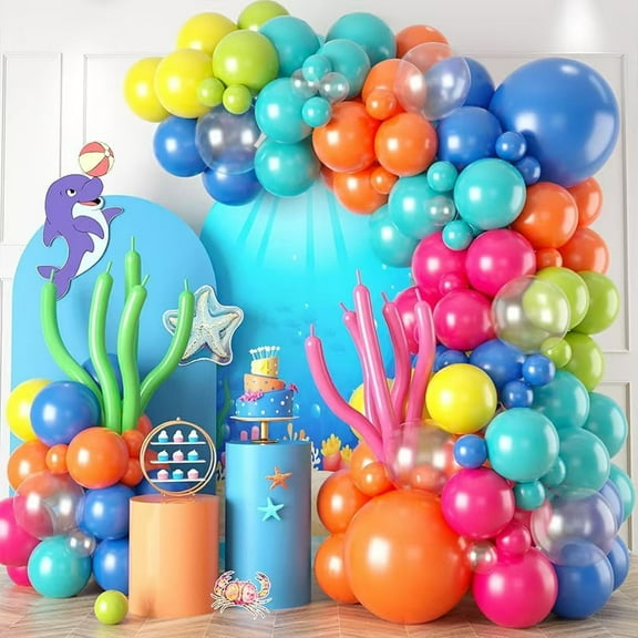 WODJR 121Pcs Summer Balloon Garland Summer Party Decorations Green Pink Blue Yellow Orange Balloon Arch Blue Yellow Orange Balloons Long Balloons for Ocean Under the Sea Marine Animal Party Supplies
