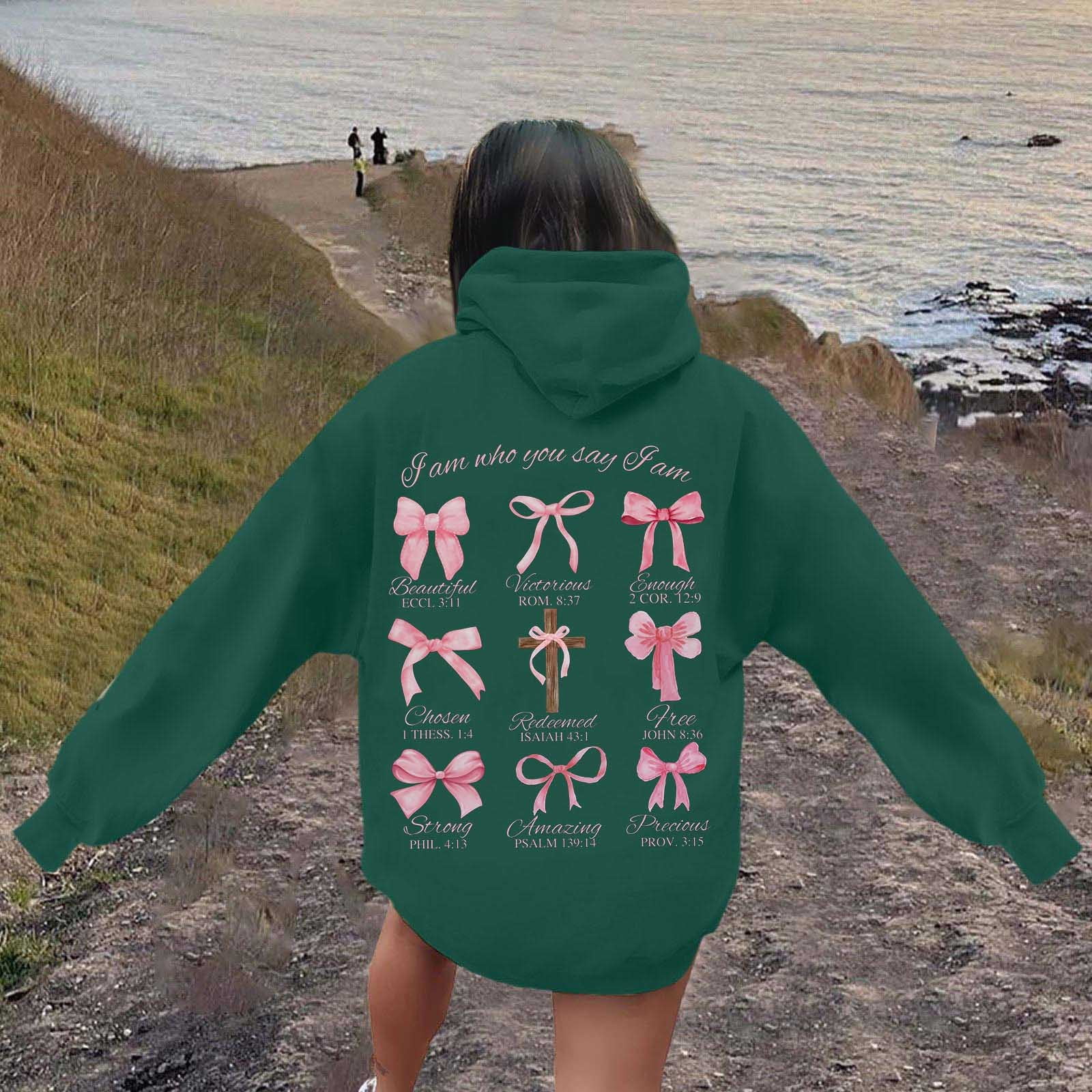 XIAOCHA Womens Hoodies Long Sleeve Cross Pink Bows Print Hooded Sweatshirts Loose Fit Kangaroo Pocket Drawstring Pullover Hooded