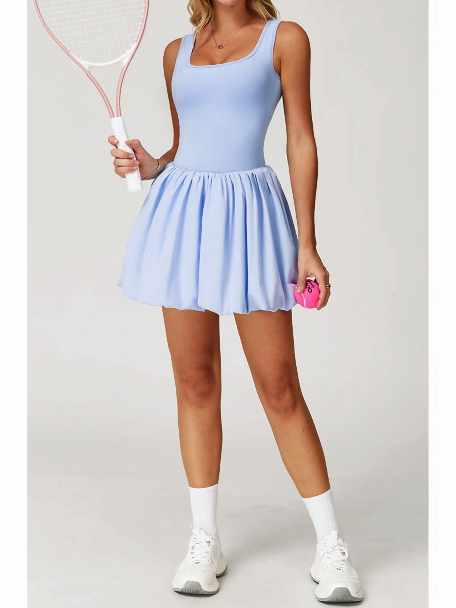 Womens Squre Neck Sleeveless Workout Golf Athletic Bubble Dresses Build in Shorts with Pockets