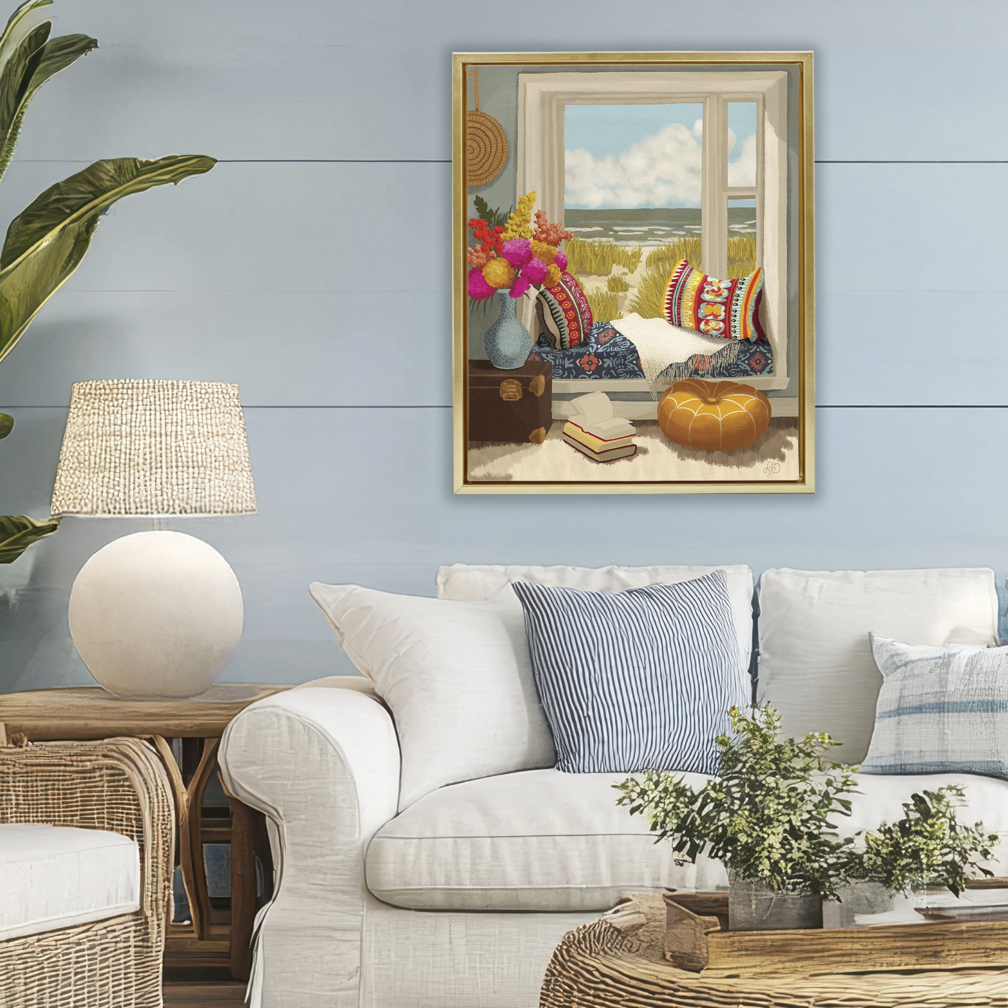 Stupell Industries Coastal Vacation Window Seat Gold Framed Floater Canvas Wall Art, design by Lisa R Dumm