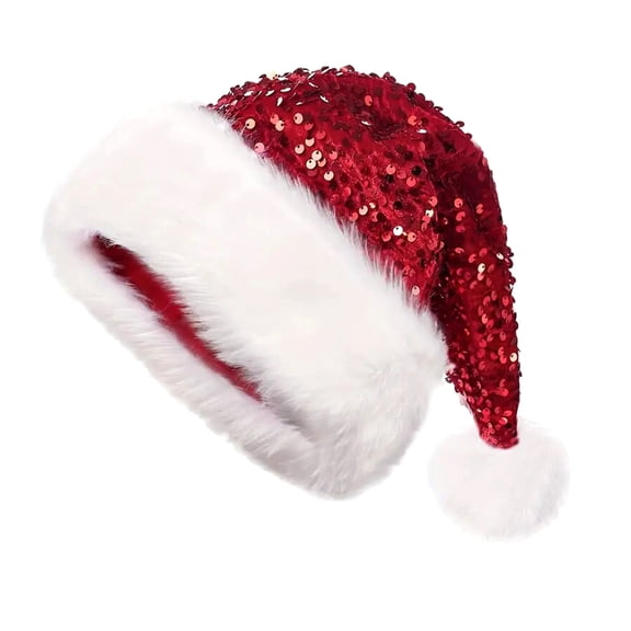 Xinwanna Christmas Sequin Santa Hat for Adults Unisex Glittery Sparkly Holiday Hat with Fluffy Pompom for New Year Xmas Party Supplies (Red)