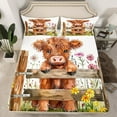 thumbnail image 2 of Manfei Cartoon Highland Bull Kid Twin Sheet Sets, Vibrant Groovy Flower Twin Fitted Sheet, Rustic Animal Flat Sheet, Luxury Bedroom Decor, 3 Pieces, 2 of 7