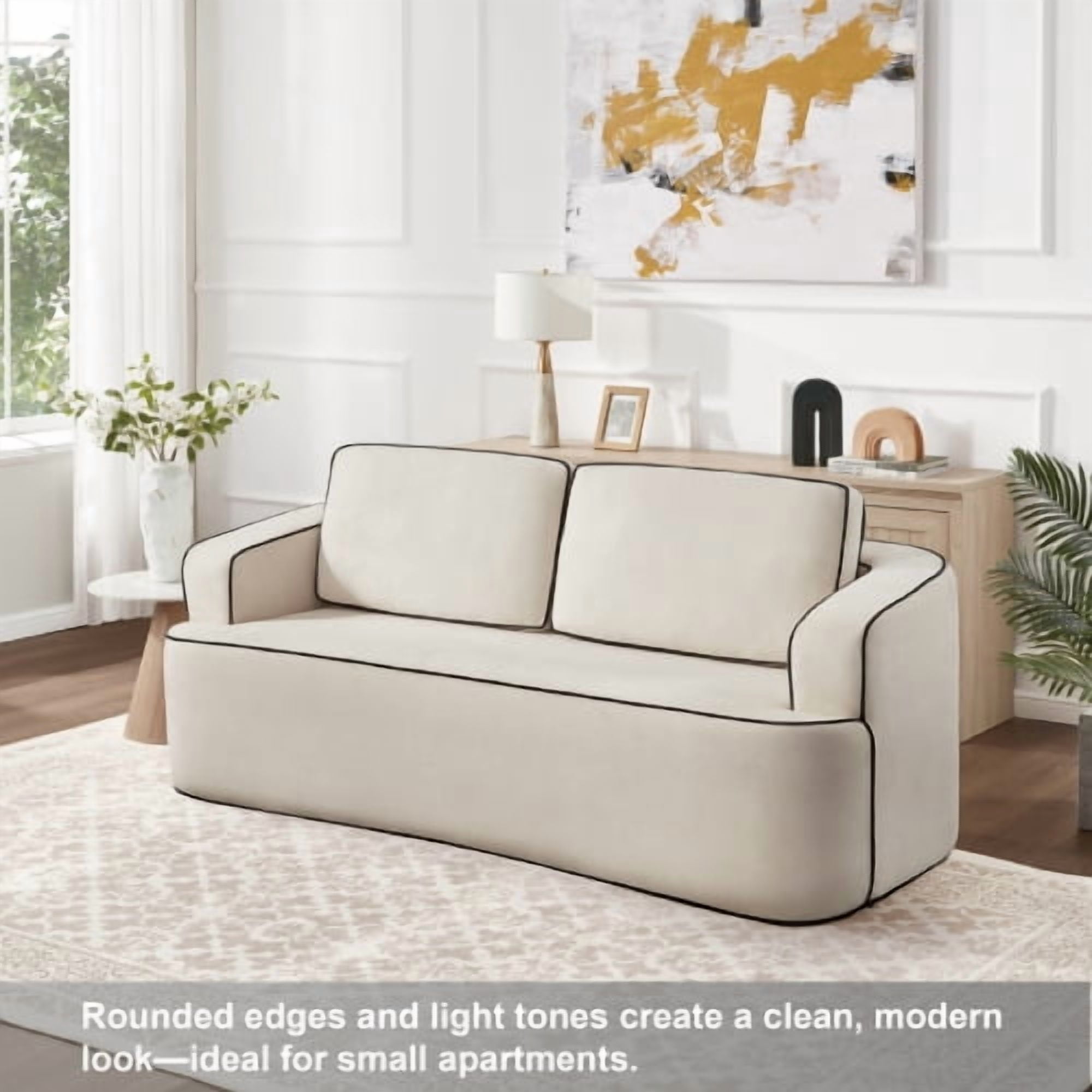 Double Seat Sofa with Integrated Handrail, Space Saving Loveseat for Studio Apartment, Small Living Room, Bedroom, No Assembly Required, Alabaster