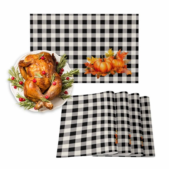 Fall Placemats Set of 6 Orange Pumpkin Maple Leaves Place Mats Thanksgiving Placemat Black Buffalo Check Plaid Table Mats for Dining Kitchen Table Holiday Dinner Party Home Fall Decorations 13x19