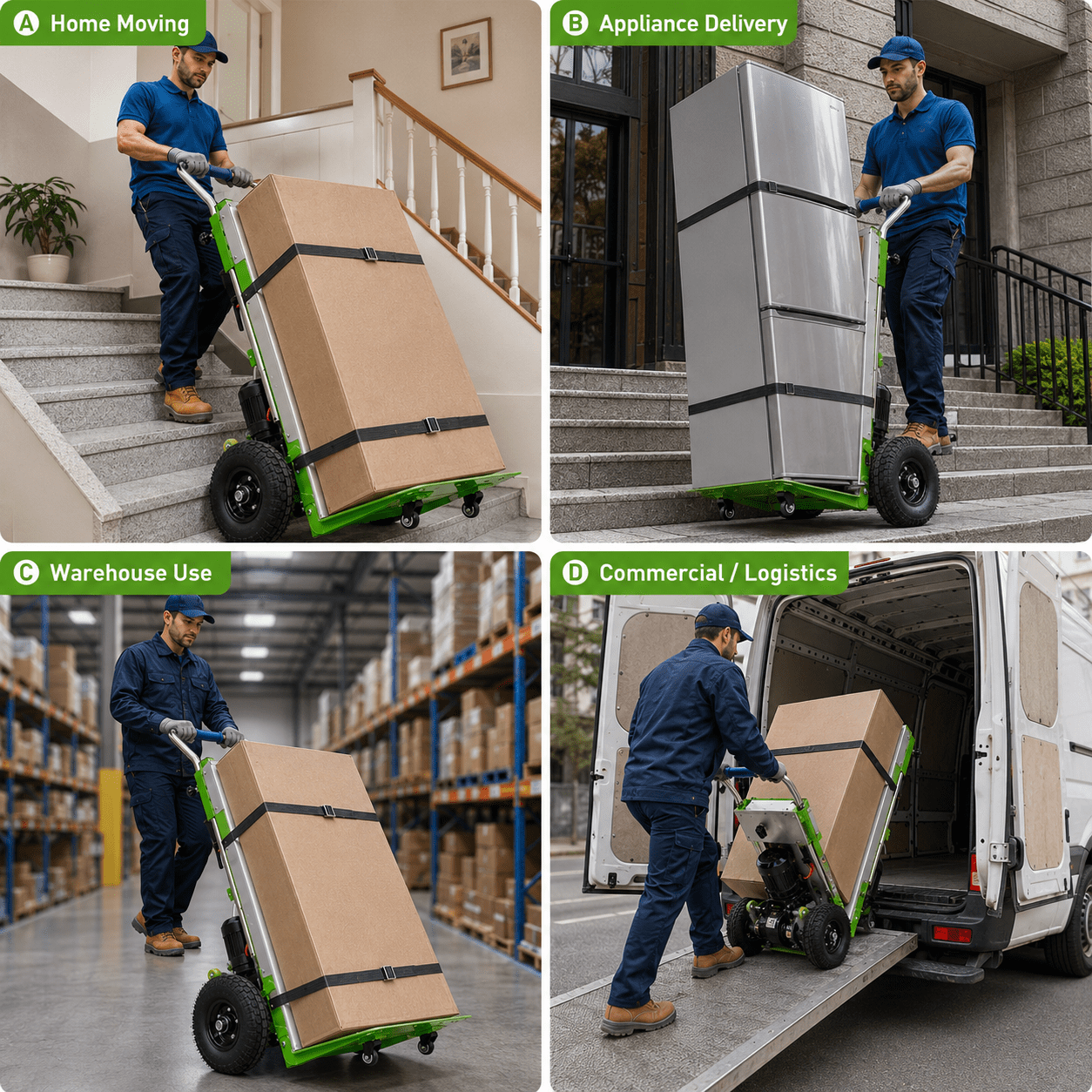 Green Hand Trucks - 880lbs Capacity Electric Stair Hand Trucks 1200W Heavy Duty Stair Climber Trolley with Safety Rope and Solid Wheel for Moving Furni ture Logistics Warehous