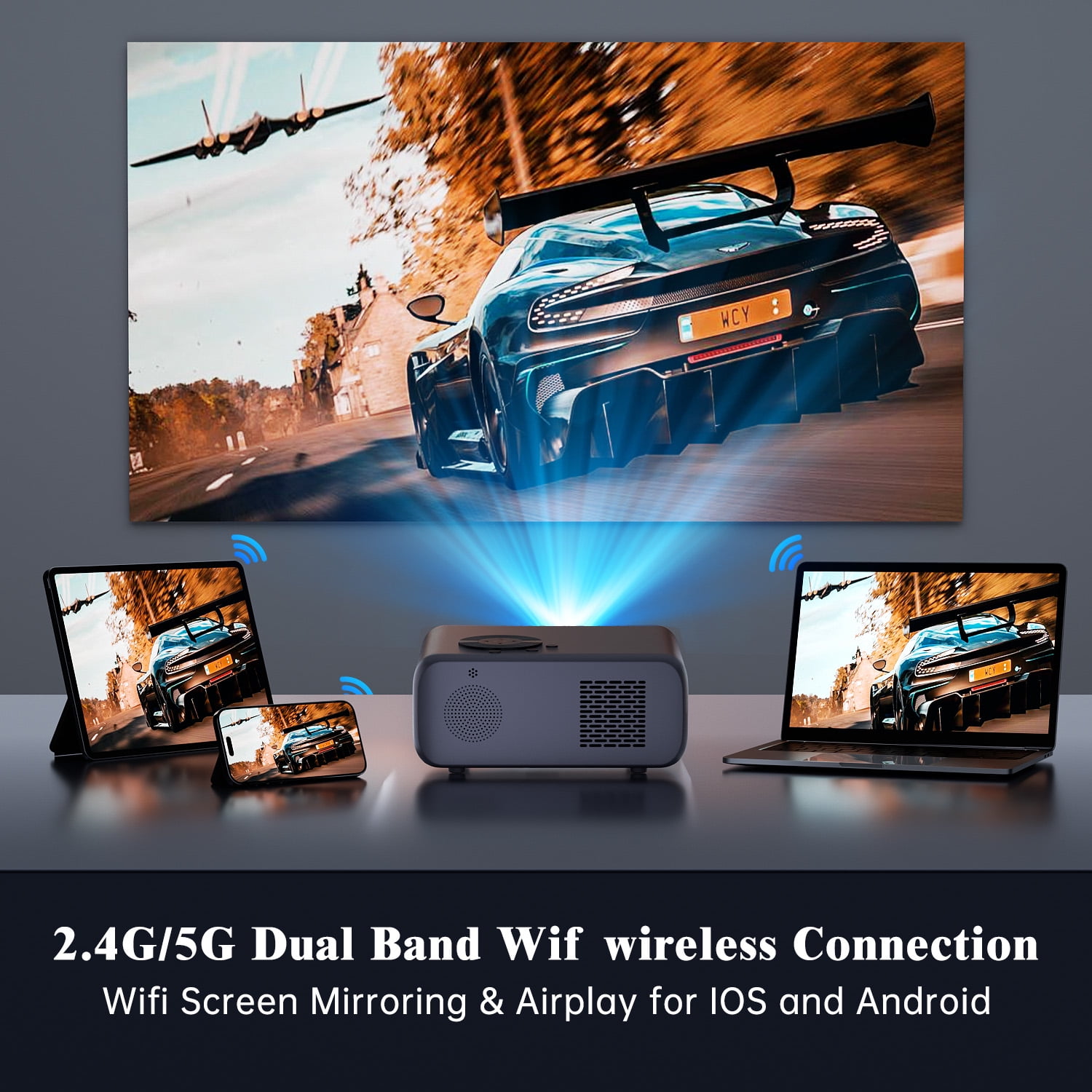 Projector with WiFi and Bluetooth, Native 1080p Projector 4K Support, Outdoor Movie Projector with Auto Focus, Smart Home Theater Projector Compatible with Android/iOS