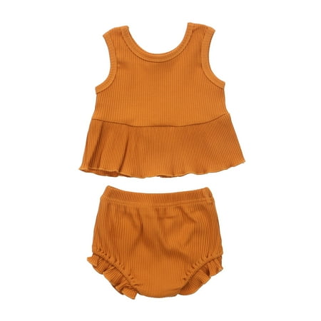 

Musuos Baby Girls Knitted Sleeveless Top Dress Cotton T-Shirt Ruffle Shorts Outfits Set