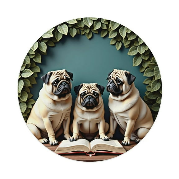 Vintage Wall Decor Pugs Sitting Wall Plaque Sign Round Metal Tin Sign Round Welcome Door Hanging, Suitable for Home Garden Kitchen Bar Cafe Restaurant Garage Wall Decor 8x8 Inch