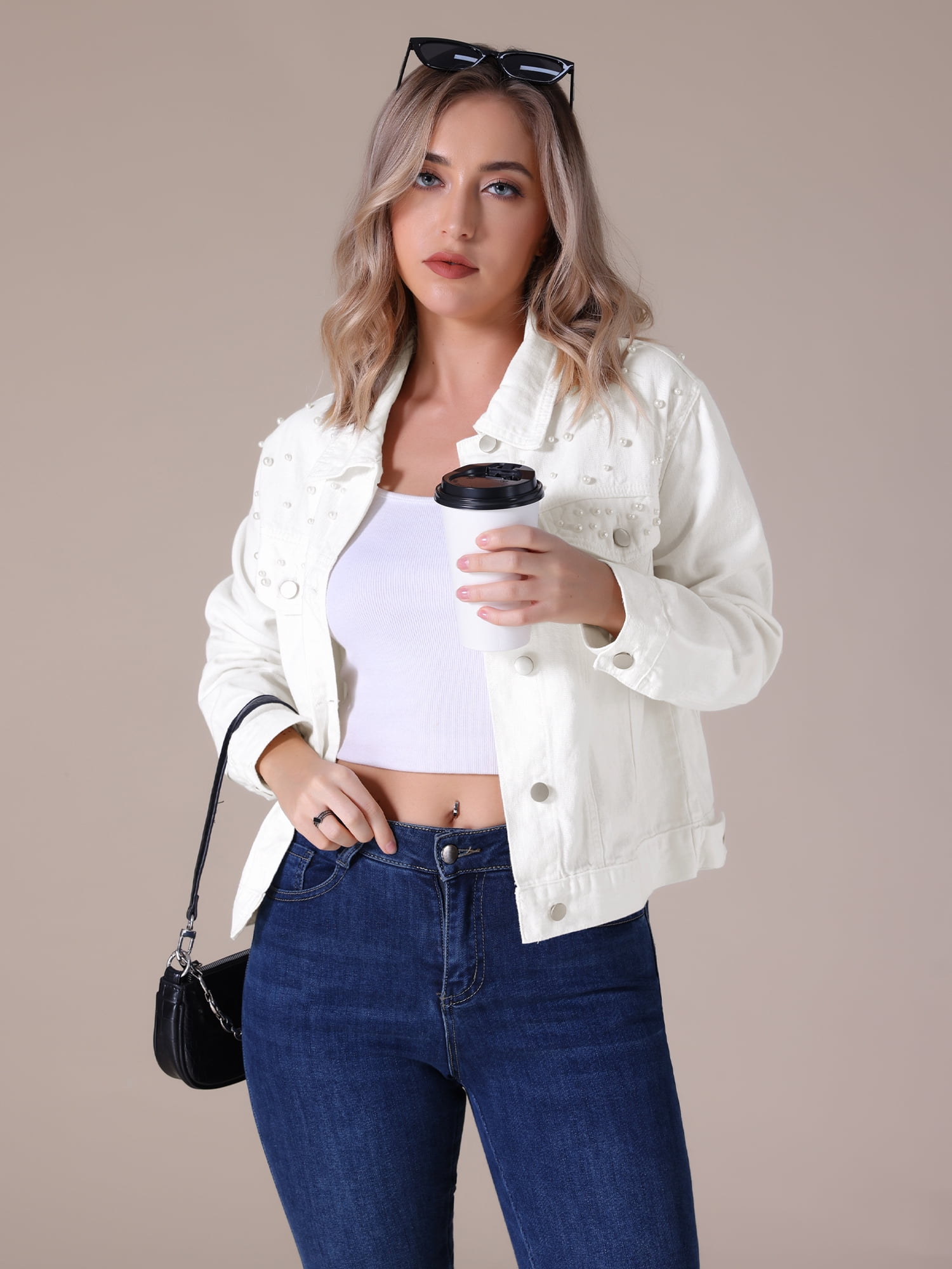 DARING DIVA Women's Long Sleeve Button Up Denim Jackets L White