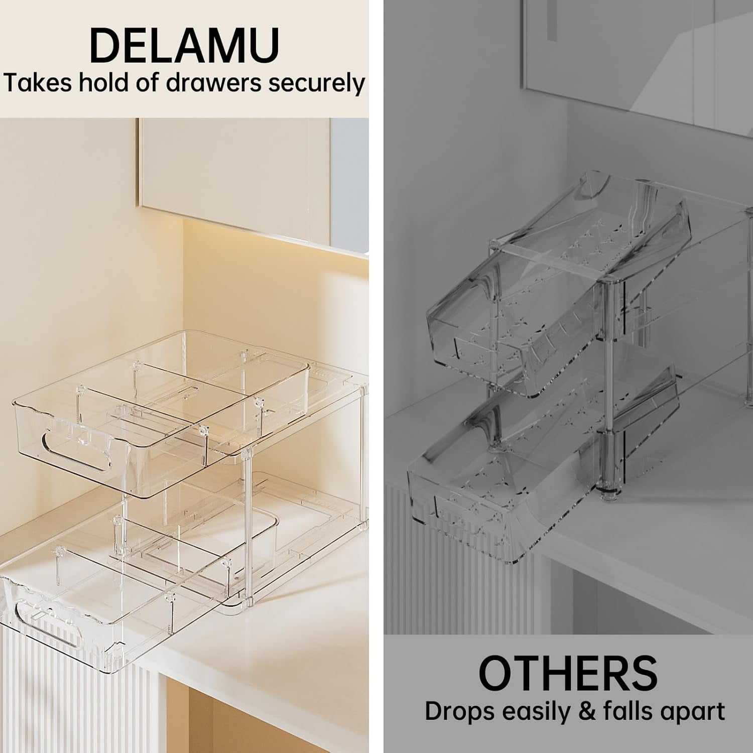 2 Tier Snap-Lock Bathroom Under Sink Organizers and Storage, Multi-Purpose Cabinet Drawers with Movable Dividers, Pull Out Organization for Countertop, Kitchen and Pantry(Clear, 2 Pack)