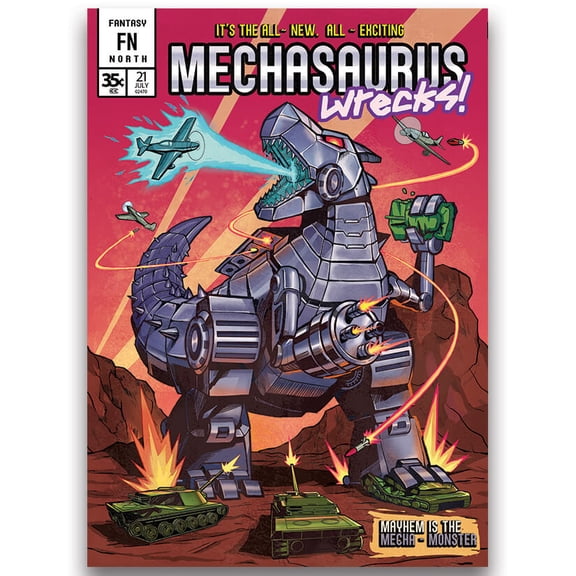 Fantasy North - Mechasaurus Wrecks! - Comic Series - 100 Textured Matte TCG Card Sleeves - Fits Magic MTG Commander Pokemon and Other Card Games - Playing Card Sleeves