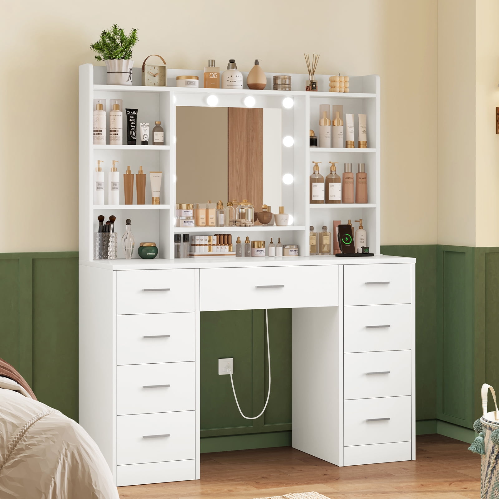 Makeup Vanity Table with 3-Color LED Lights Mirror, Vanity Table with 9 Drawers and 7 Storage Shelves, Vanity Desk for Bedroom Dressing Room, White