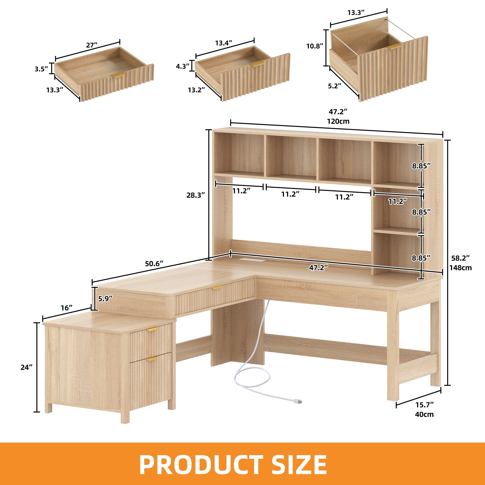 Craftian L Shape Desk with LED Light & Hutch,  Home Office Computer  Desk Executive Desk with Drawers