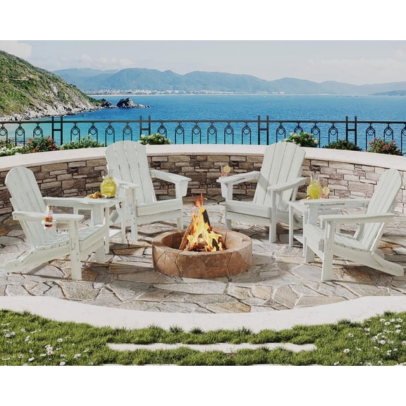 Folding Adirondack Chair Set of 4 with 2 Side Table, All-Weather HDPE Outdoor Chair, Wooden Textured with Cup Holder for patios, Decks, Gardens, fire pits, White