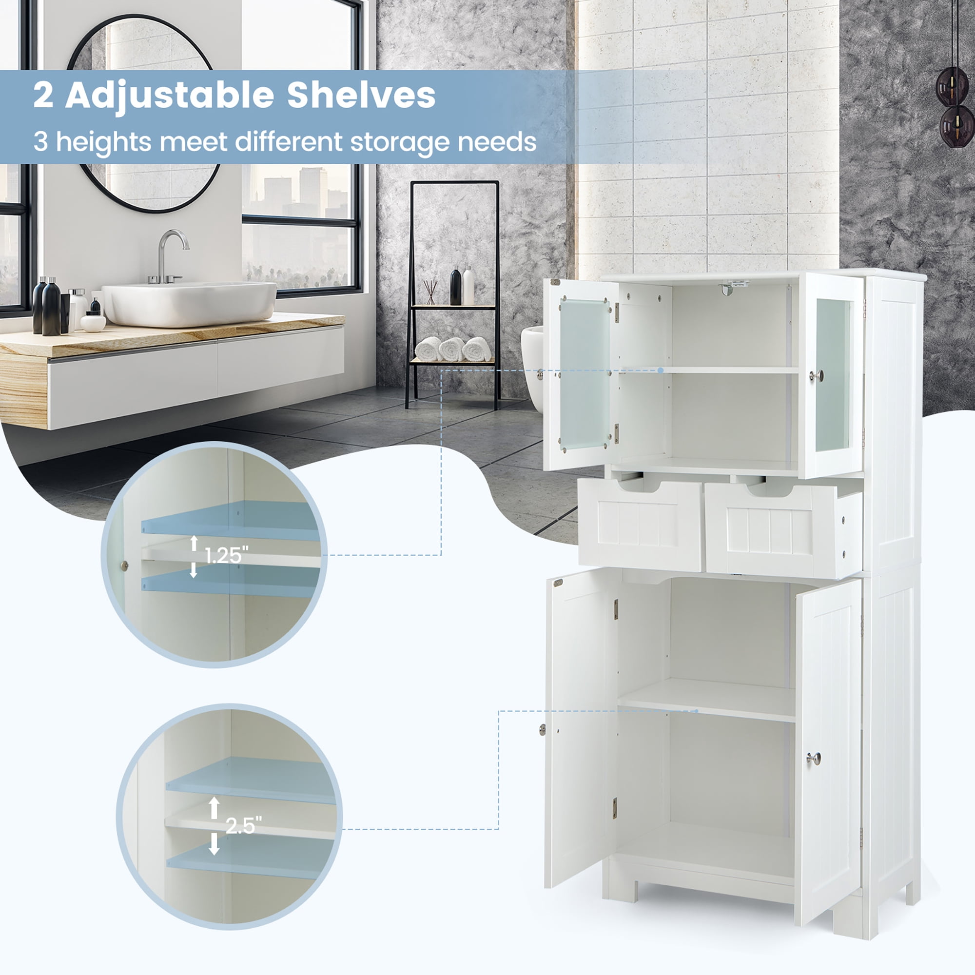 Costway Bathroom Floor Storage Cabinet Kitchen Cupboard with 2 Drawers & Glass Doors White