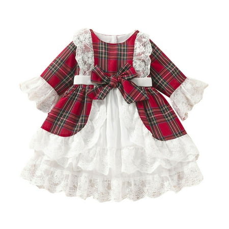

LUOGENLI Girls Skirts with Shorts Toddler Girls Christmas Long Sleeve Lace Patchwork Plaid Bowknot Princess Dress Xmas Party Ruffles Dresses Girls Dress Shoes Size 11 12-18 Months
