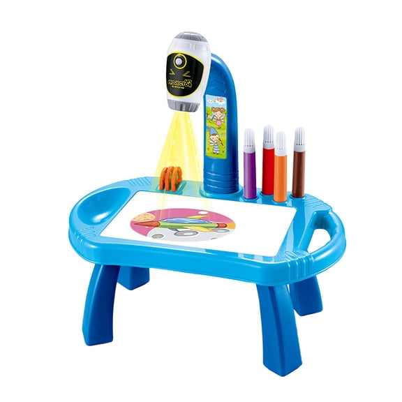 Blue Smart Projector Drawing Desk For Kids Light Music Learning Toy With 8 Pens 4 Discs Erasable Board Art Craft Activity Educational Skill Development Blue Finish 612G Weight
