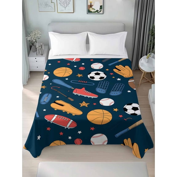 Sports Theme Twim XL Size Flat Sheet, Wrinkleproof & Fadeproof Cooling Flat Bed Sheet Only, Cartoon Soccer Baseball Basketball Star Blue Breathable Soft Bedding Top Sheets 66 x 102 Inches