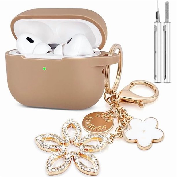 wonima44 Compatible with AirPods Pro 2nd Generation Case with Cleaner Kit, Silicone Protective Case for Apple AirPod Pro 2nd/1st Earbuds Wireless Charging Cases with Bling Keychain (Milk Tea)