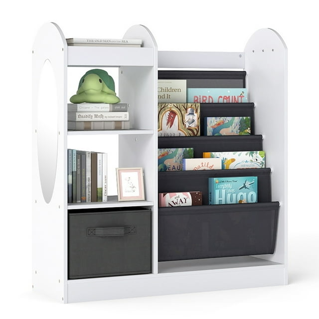 Gymax Kids Bookshelf w/ Full-Length Mirror 4-Tier Sling Shelves & Fabric Drawer White