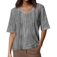thumbnail image 4 of CIENVNSTG Tops For Women V Neck Short Sleeve Casual Fit Hollow Out Knit Oversized T Shirts Basic Summer Petite Office Tunic Top Ladies Blouse Gray XL, 4 of 4