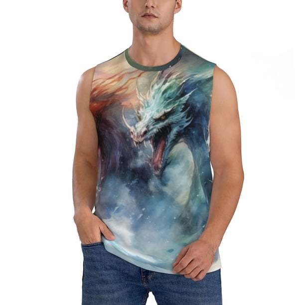 Fotbe Ink Style Wave Dragon Men's Camiseta sin Mangas Estampada para Hombres, Playera Casual para Gimnasio, Entrenamiento, Playa-XX-Large