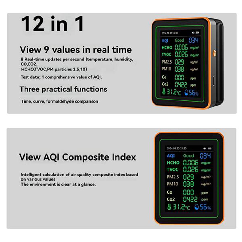 Air Quality Detector 12 in 1 Air Quality Tester Temperature Humidity Meter CO/CO2/HCHO/TVOC//PM2.5/PM10 Black