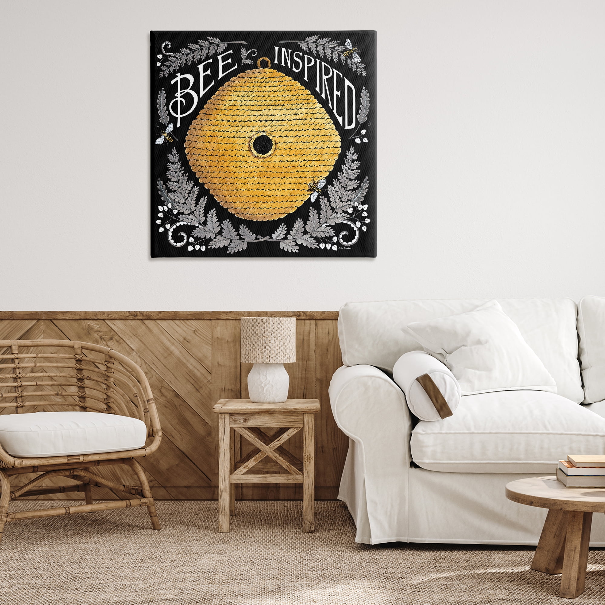 Stupell Industries Bee Inspired with Hive Plants & Flowers Painting Wrapped Canvas Art Print Wall Art, 36 x 36