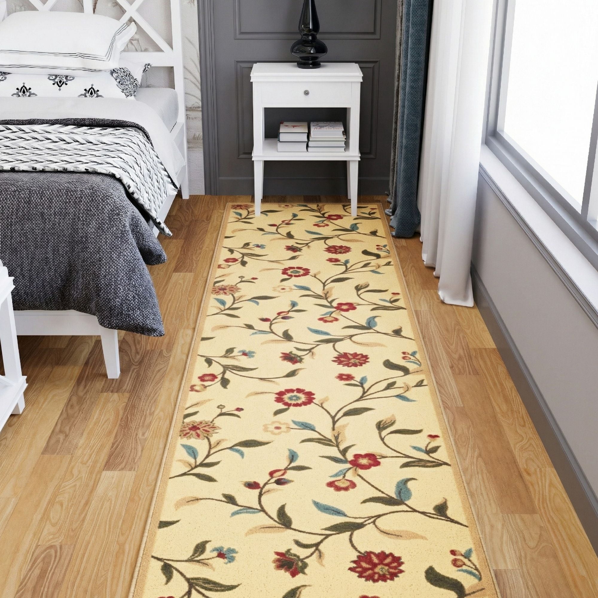 Ottomanson Extra Long Runner Rug 2'7" x 41' – Non-Slip Low Pile Hallway Carpet, Floral Beige