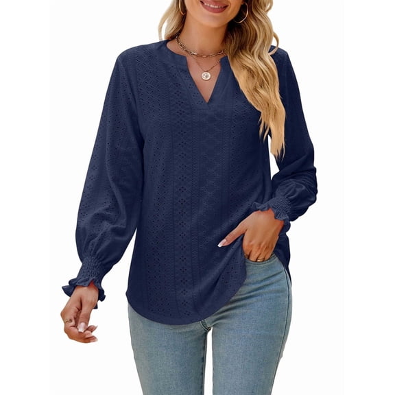 Women'S Casual Long Sleeve V-Neck Pullover Shirt Top Dark Blue S