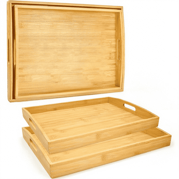 WALNEE Stackable Bamboo Serving Trays with Handles Rectangular Natural 2-Pack 17x13 & 16x12 inches