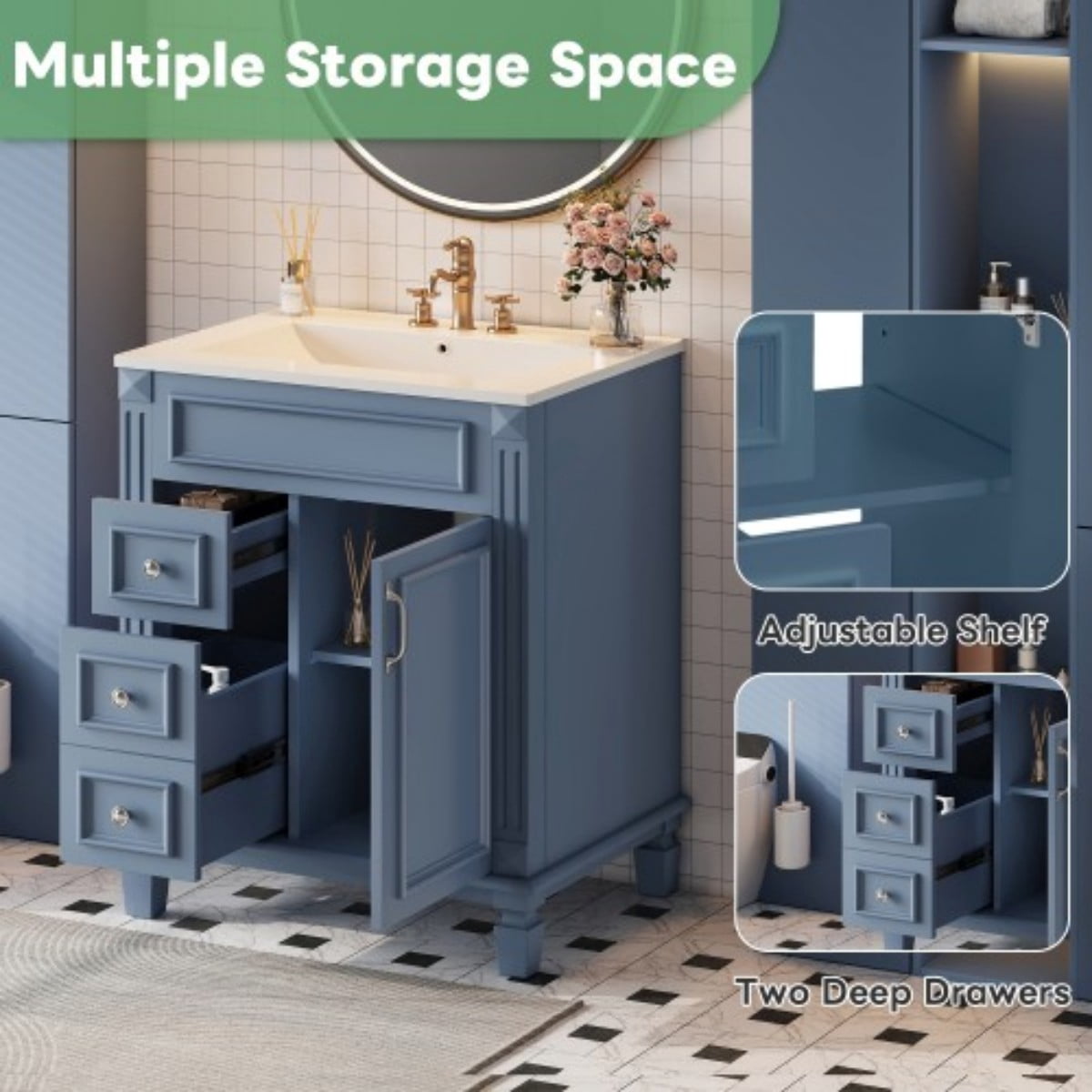 24" Bathroom Vanity with Ceramic Sink, Small Bathroom Vanity Cabinet with 2 Drawers, Adjustable Shelf, Soft-Close Door, Blue