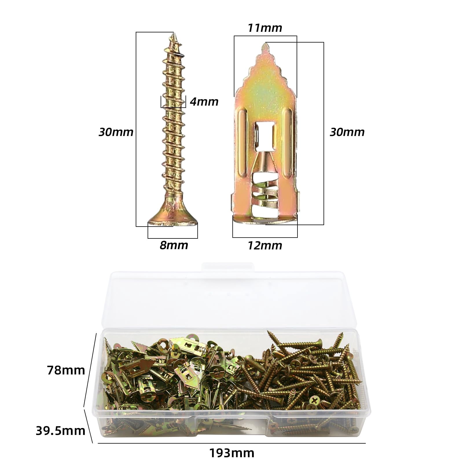 200Pcs Self Drilling Drywall Anchors with Screws Kit, 100Pcs M12x30mm Sheetrock Anchors with 100Pcs M4x30mm Screws, No Drill Needed, Hold 66LB for Wall Hanging