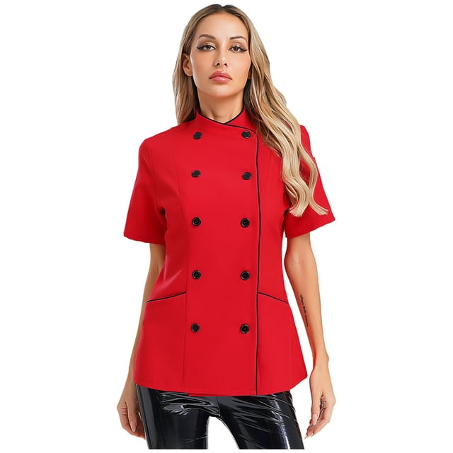 Moggemol Women Short Sleeve Chef Coat Cross-Over Collar Double-Breasted Jacket for Kitchen Restaurant Hotel Red XL