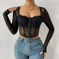 thumbnail image 6 of Corset Top Going Out Outfits for Women Women's Long Sleeve Lace Mesh Crop Top Sexy Corset Slim Fit Square Neck Solid Color Top, 6 of 9