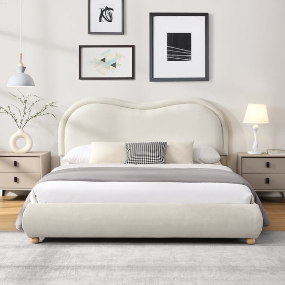 Low Profile Platform Bed Queen Size with Curved Headboard, Upholstered Bed Frame with Wood Legs, Heavy Duty Support and No Box Spring Needed, Beige